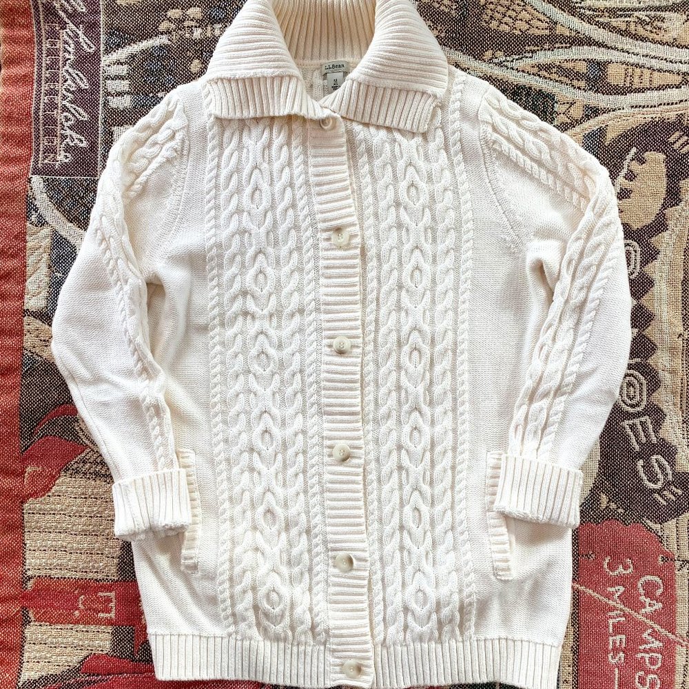 L L Bean 100% Cotton Cable Knit Cardigan Sweater~ Size Med~ Button Front~Pockets